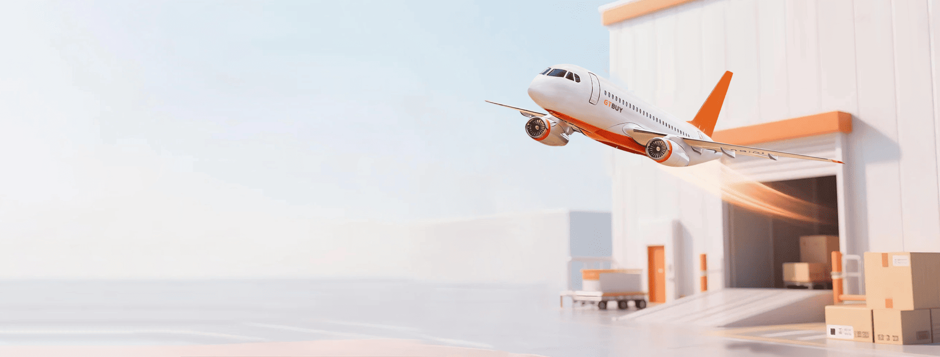 A GTBUY cargo plane flying out of the warehouse, illustrating worldwide shipping