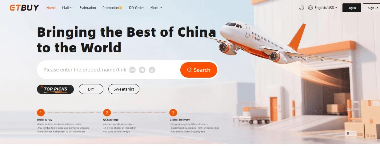 The official GTBuy website: a search bar to paste a Taobao, 1688 or Weidian product link, the &lsquo;Bringing the Best of China to the World&rsquo; hero, and the Order & Pay, QC & storage, Global Delivery three-step flow